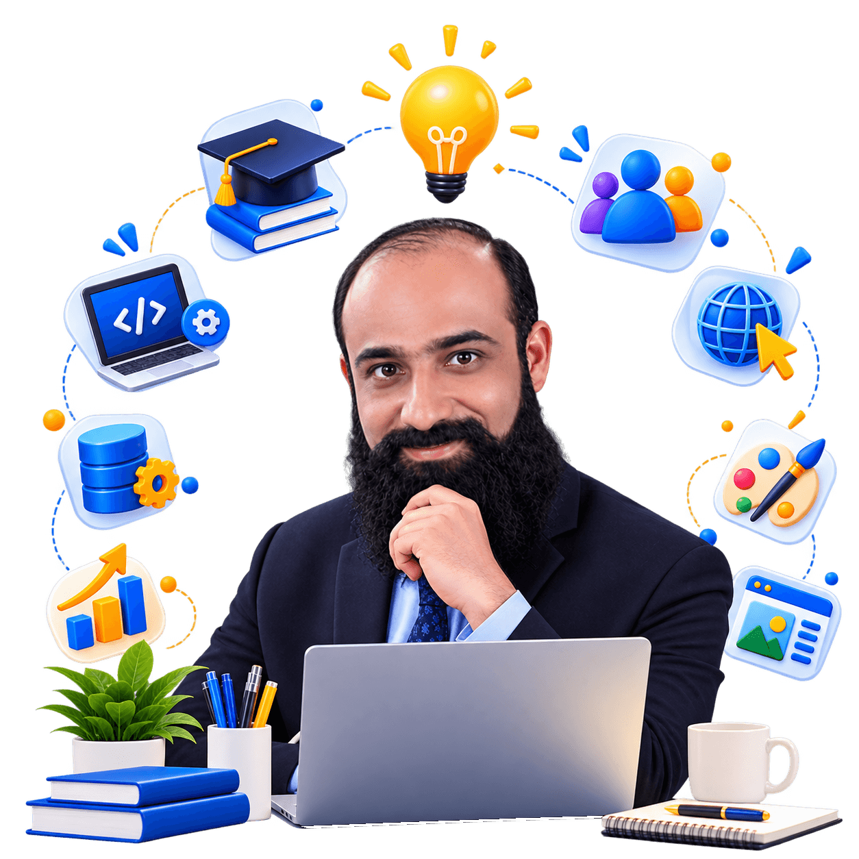Farhan Ghafoor at a laptop, surrounded by icons for teaching, code, databases, and design